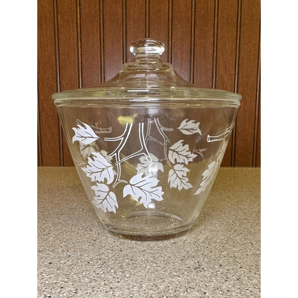 Vintage Fire-King Clear Glass Oak Leaf Grease Jar With Lid Lidded Bowl Dish